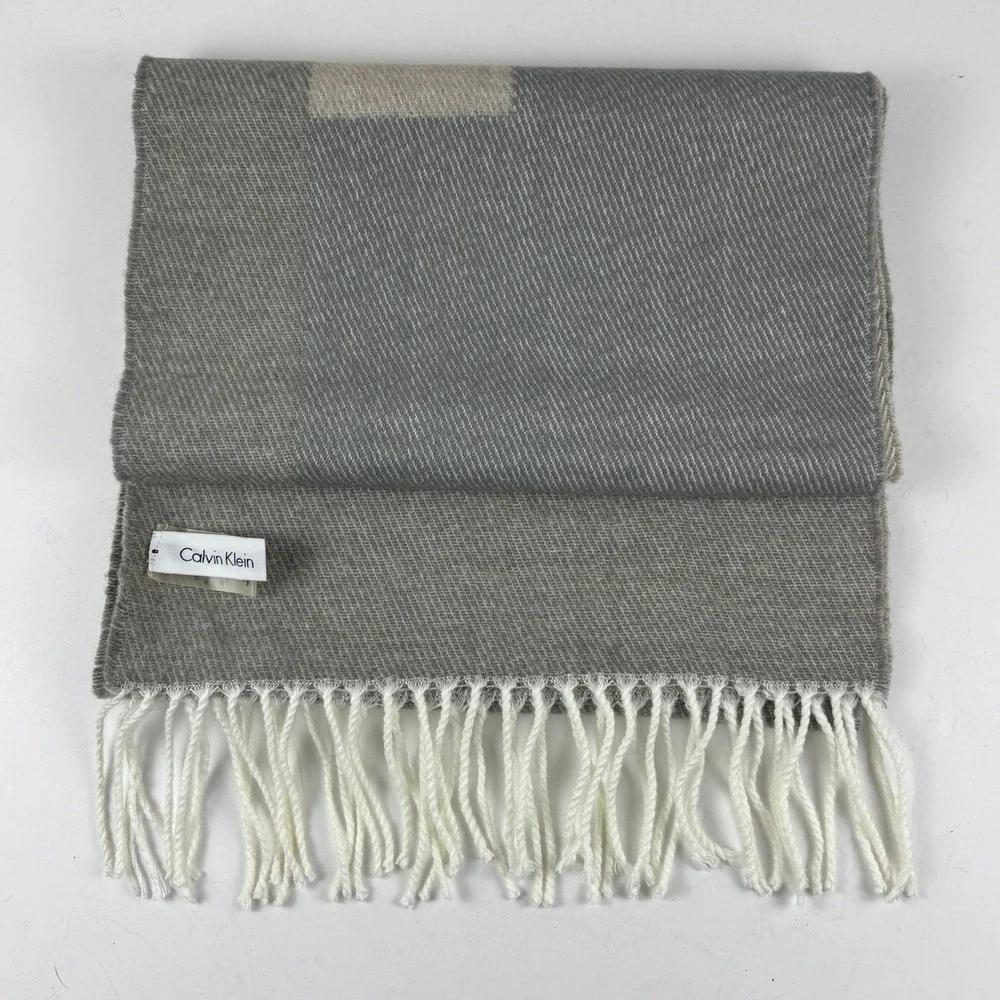 Calvin‎ Klein Scarf Unisex OS Grey Cream Fringe Tassel Colorblock